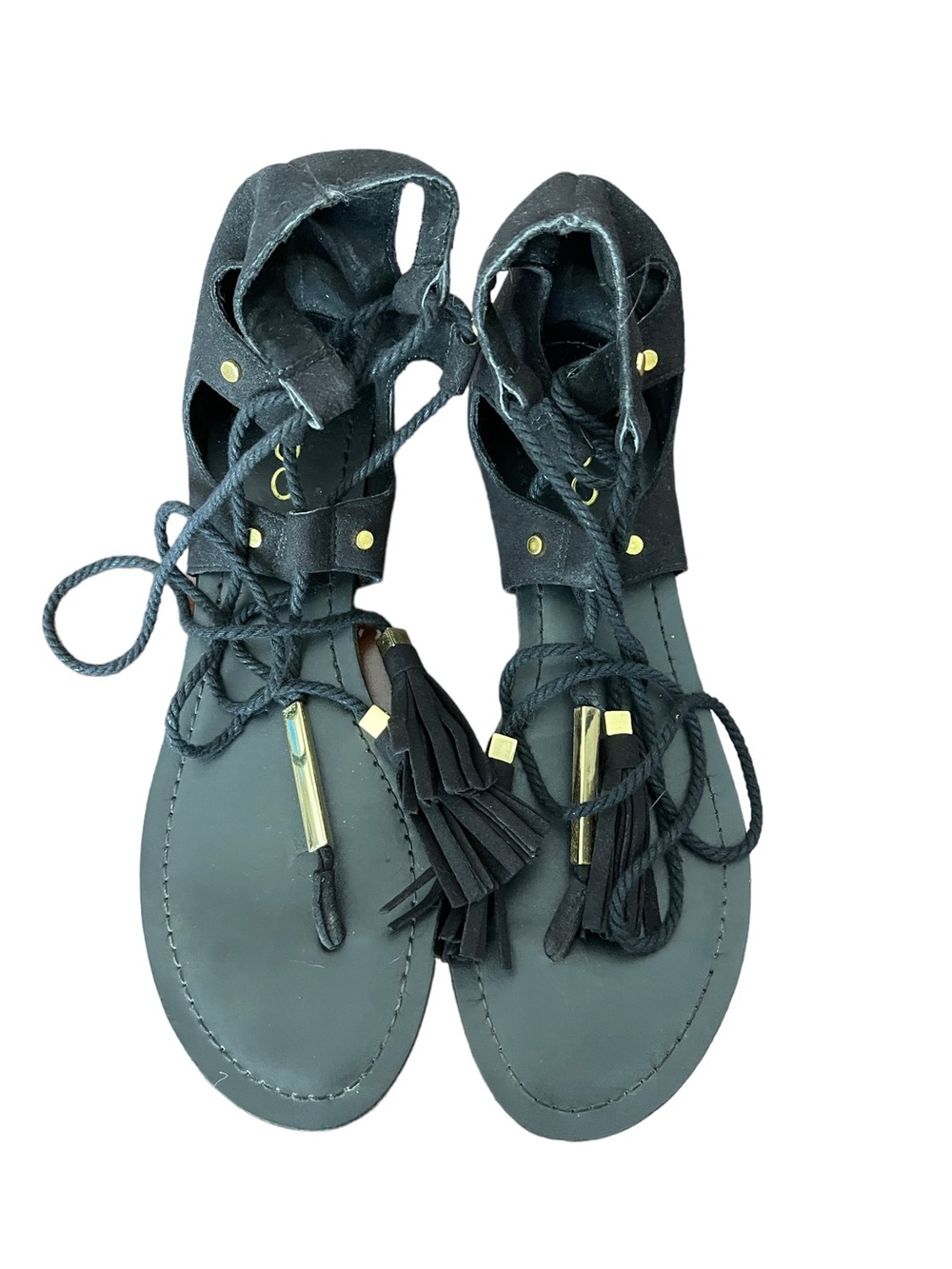 Aldo Black Lace-Up Tassel Gladiator Sandals with Gold Accents